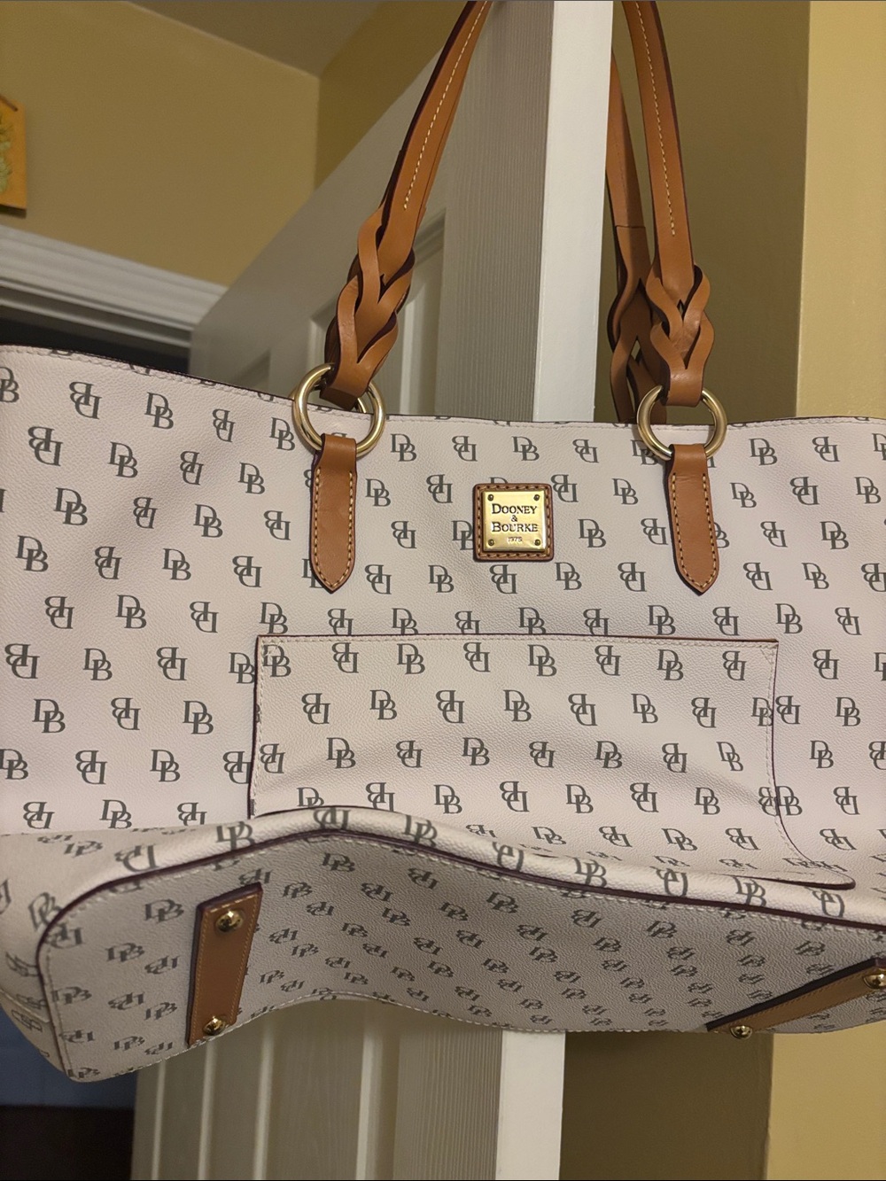 Dooney & Bourke Cream Logo Tote with Tan Braided Handles
